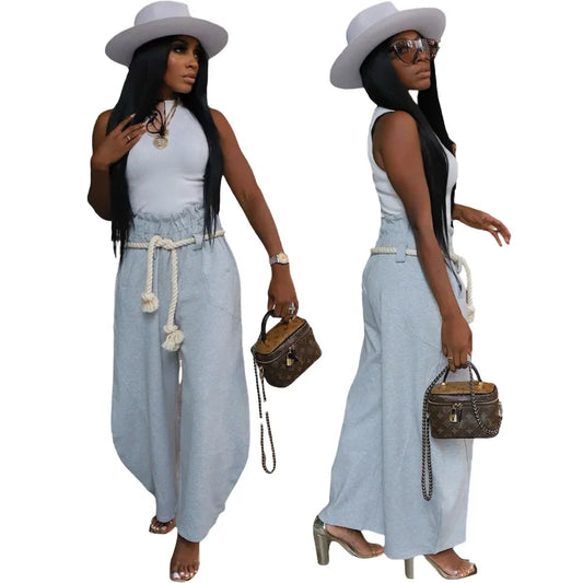 CM.YAYA Fashion Women Pocket Belt Wide Leg Loose Jogger pants bottums