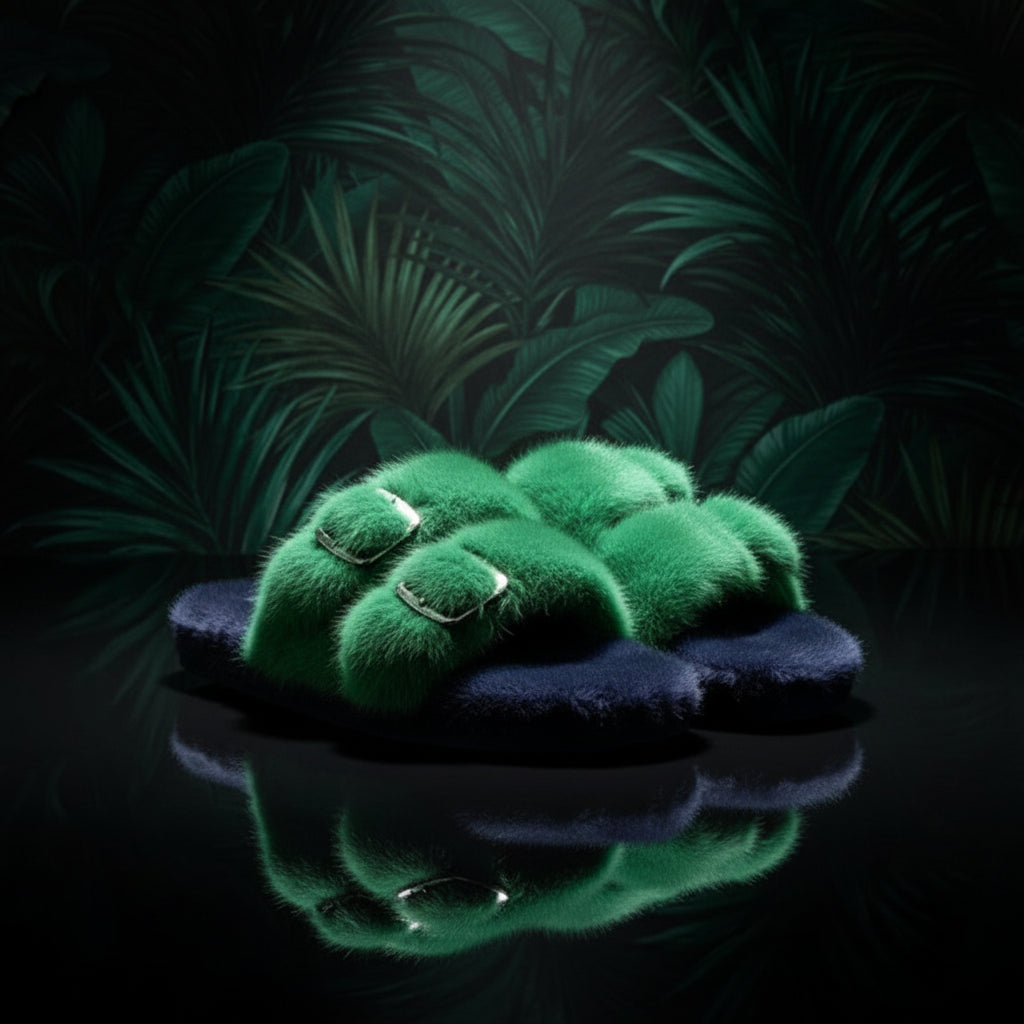 A pair of fashion mink fur slippers in pink and green colors with flat heels and lace-up closure.