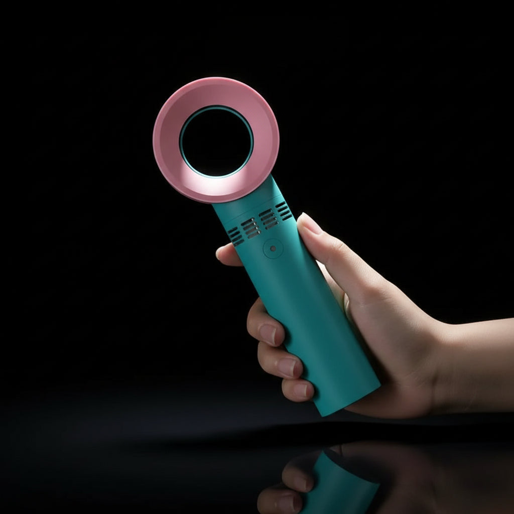A handheld rechargeable eyelash blower with a pink circular mouthpiece and a teal blue body, being held in a person's hand.