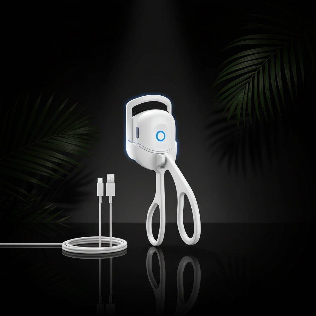 A pink electric eyelash curler with temperature control indicators showing two temperature settings for different lash types.