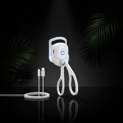 A pink electric eyelash curler with temperature control indicators showing two temperature settings for different lash types.