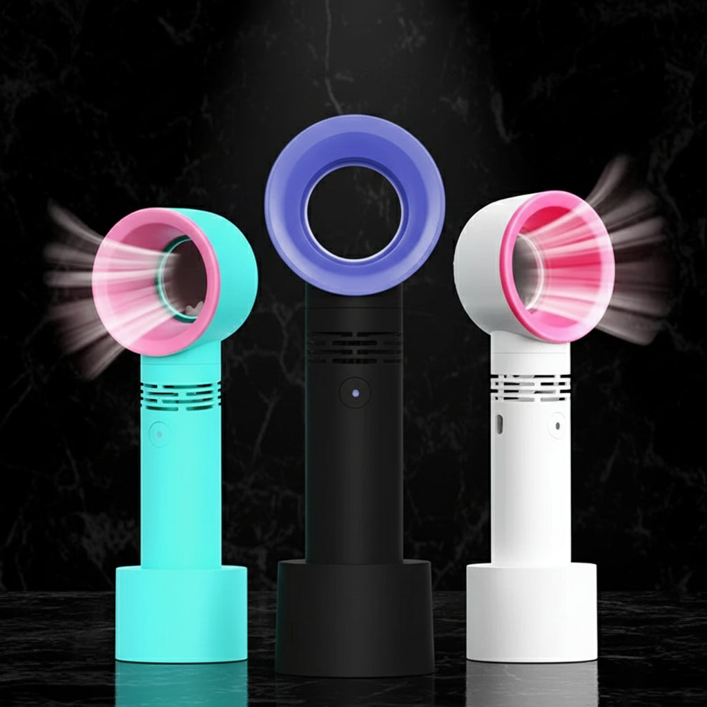 Three rechargeable eyelash blowers in different colors (blue, black, and pink) standing upright.