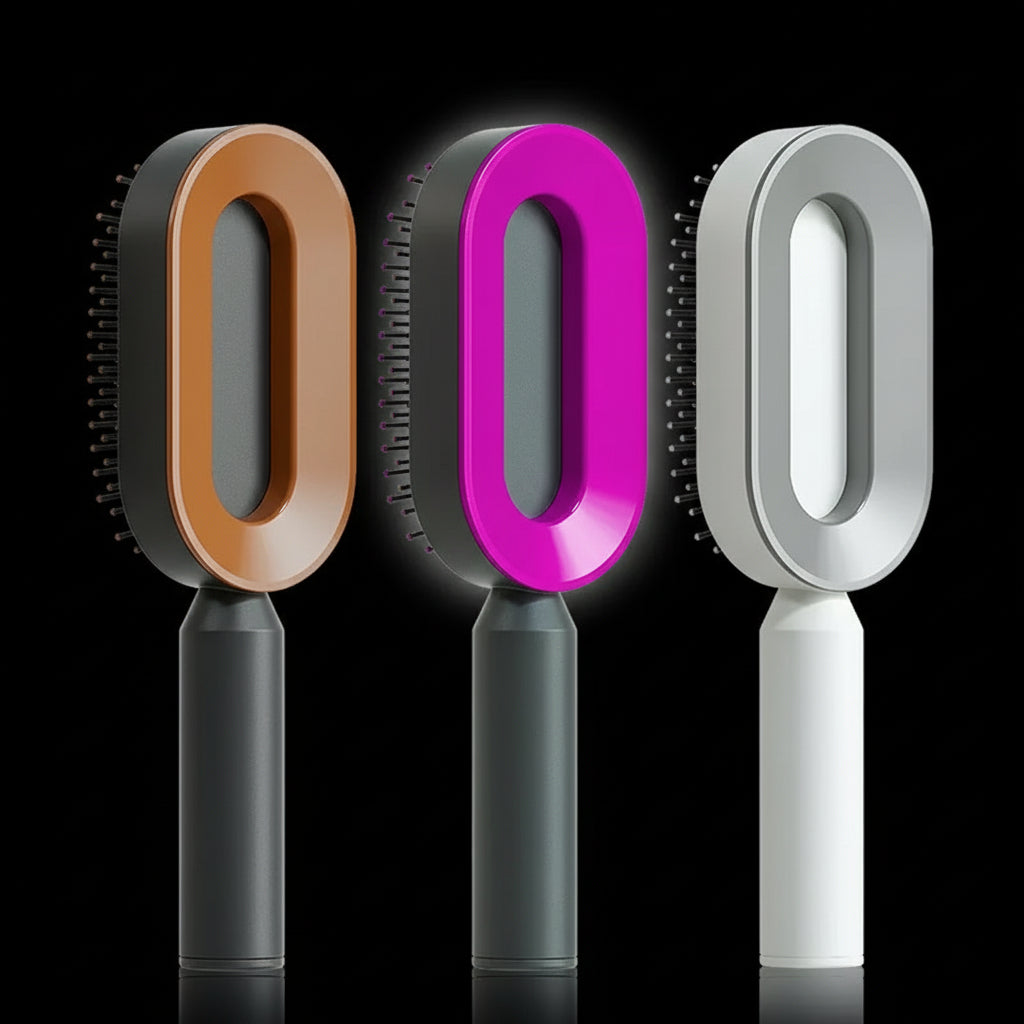 Three hair brushes with wide tooth design, available in brown, purple, and white colors, displayed side by side.