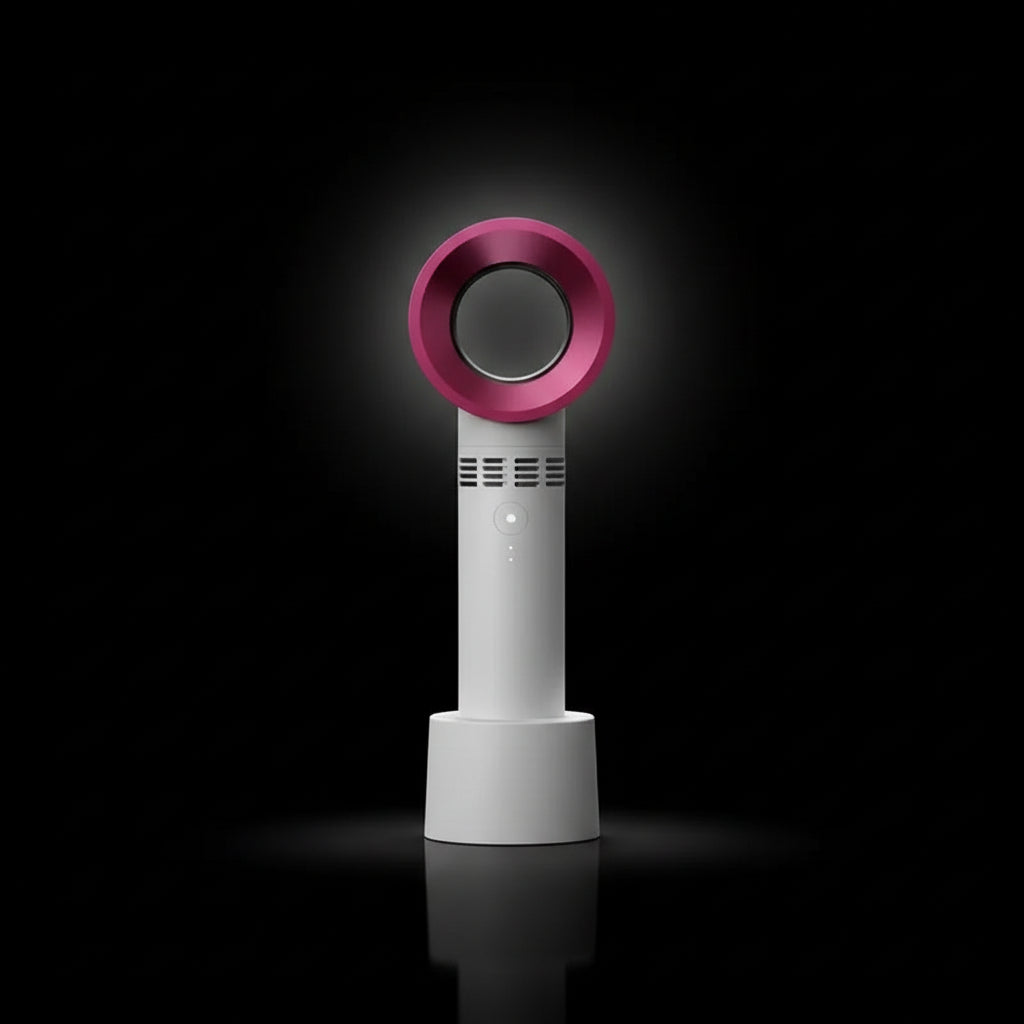 A handheld rechargeable eyelash blower with a pink circular mouthpiece and a teal blue body, being held in a person's hand.