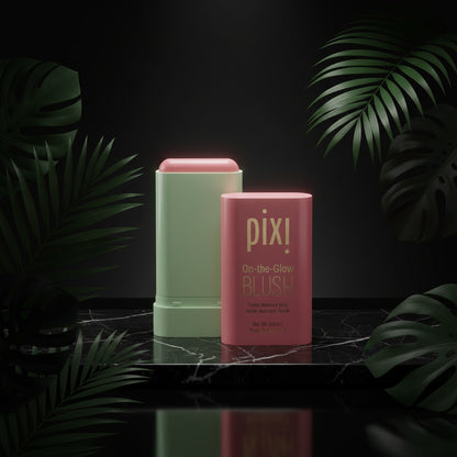 Pixi brand blush stick, with an image showing the pink colored stick, its cap, and a swatch of the product. A small photo of a person applying the blush on their cheeks is also shown.