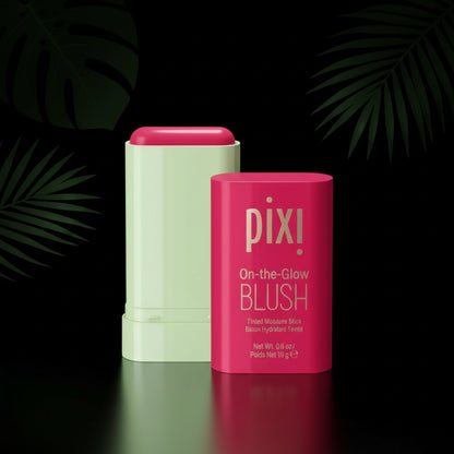 Pixi brand blush stick, with an image showing the pink colored stick, its cap, and a swatch of the product. A small photo of a person applying the blush on their cheeks is also shown.