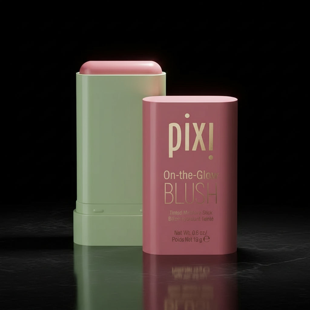 Pixi by Petra On-the-Glow Blush Stick, packaging with green and pink color scheme and brand logo displayed.