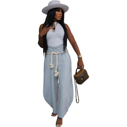 CM.YAYA Fashion Women Pocket Belt Wide Leg Loose Jogger pants bottums