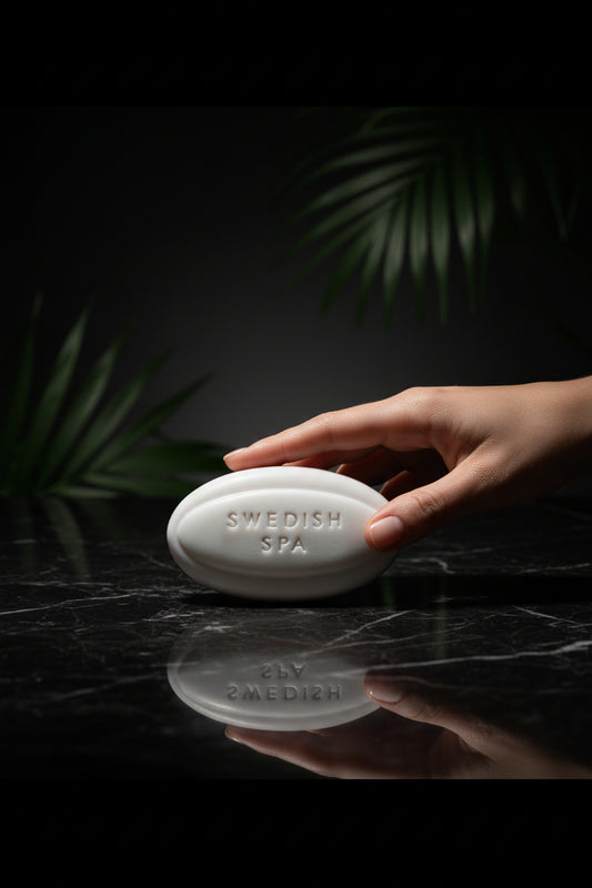 Bar of soap labeled 'Swedish Spa' on a textured surface