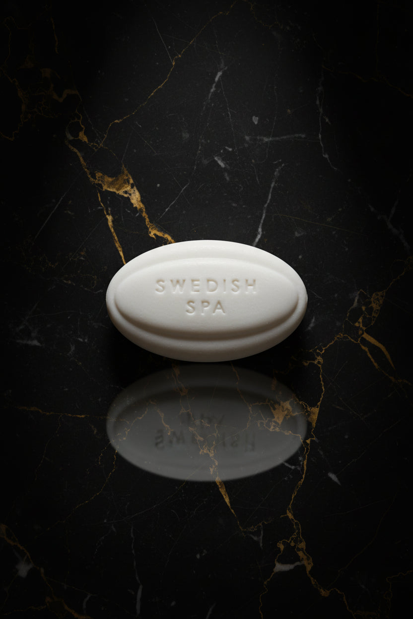 Bar of soap labeled 'Swedish Spa' on a textured surface