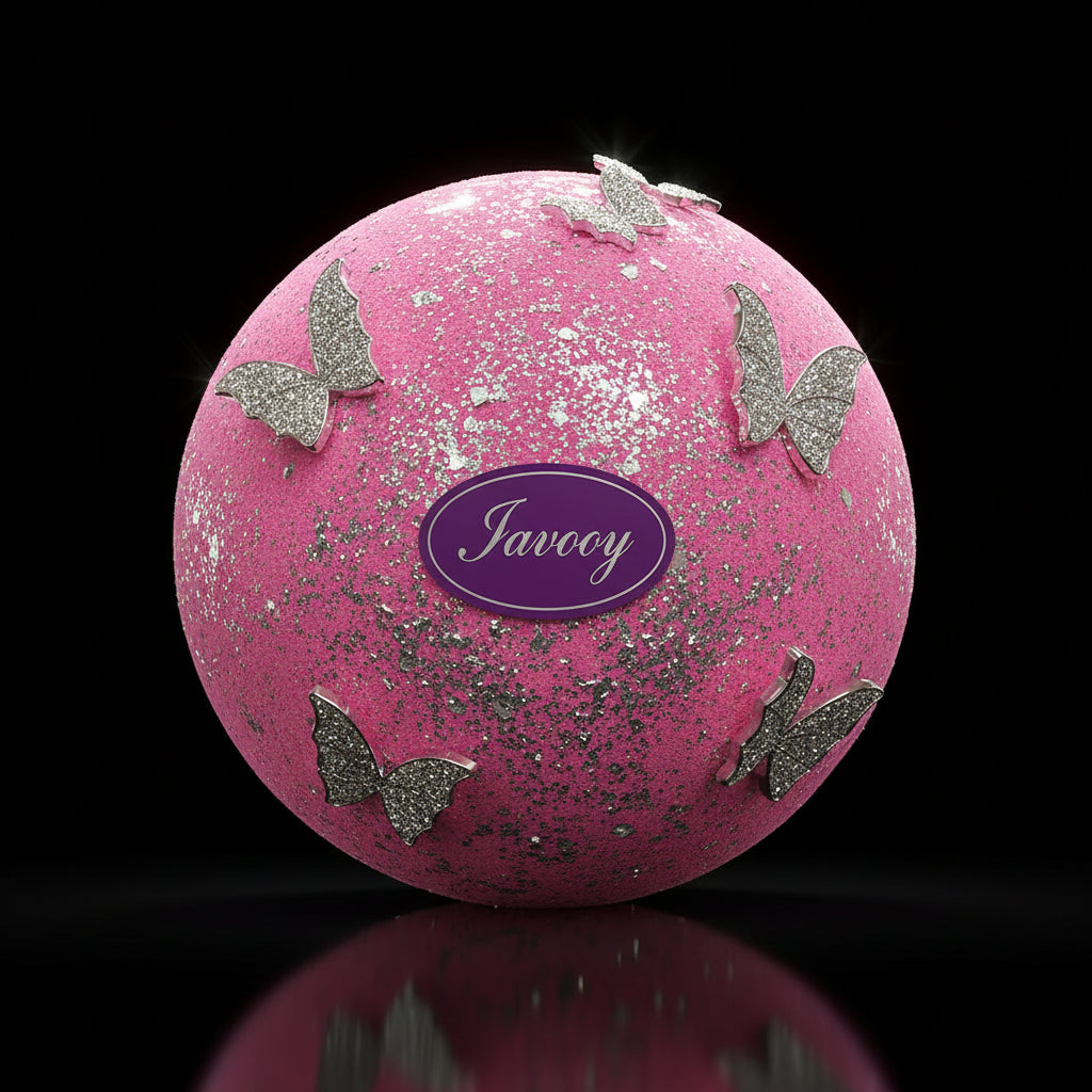 Pink bath bomb with silver butterflies and a purple label on a black background