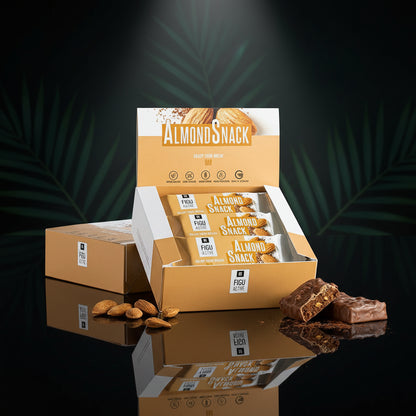 Almond snack packaging on a wooden table with a brown background