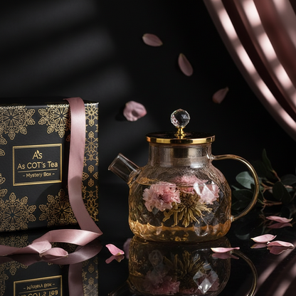Glass teapot with floral elements and a black box labeled 'As COT's Tea' on a reflective surface.