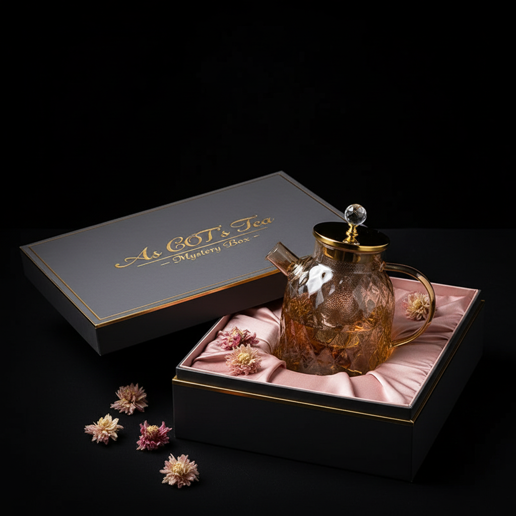 Decorative glass teapot with gold accents on a wooden surface.