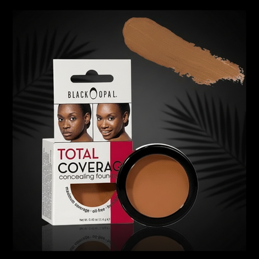 Black Opal total coverage concealing foundation with packaging and swatch on a white background
