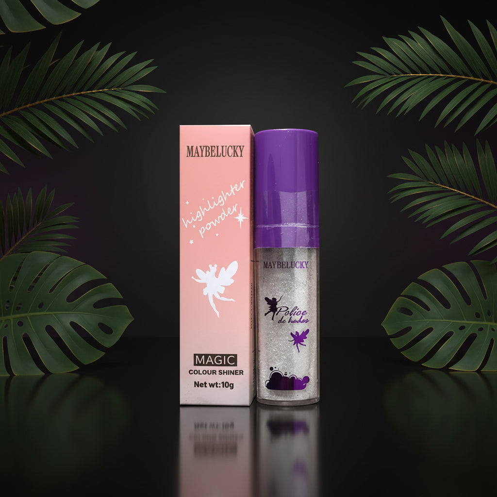 A highlighter stick by MAYBELUCKY with packaging showing dimensions, with the stick visible alongside the box.