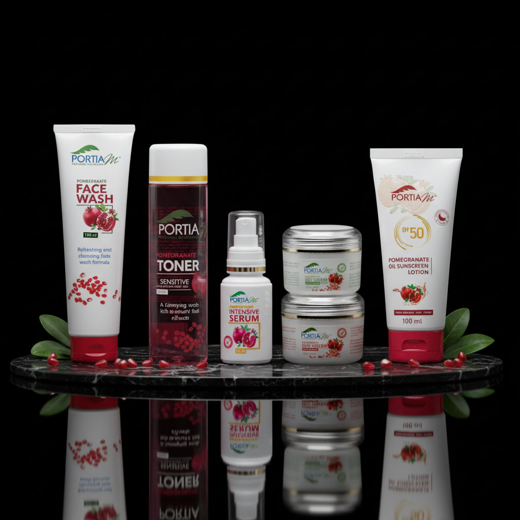 Portia skincare product lineup with step-by-step routine for sensitive oily skin on a white background.