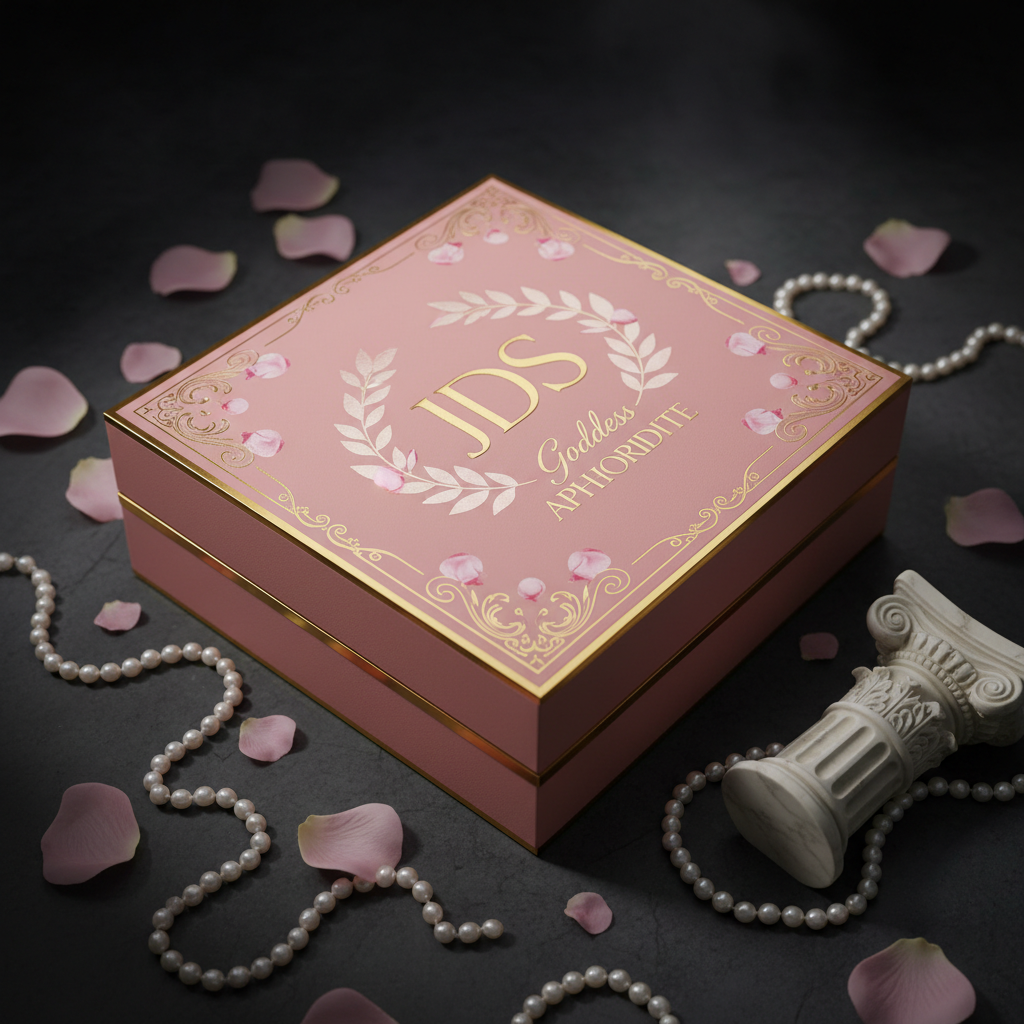 Create luxury/powder pink blush / gold / dark aesthetic JDS branding Mystery box: Goddess APHRODITE
