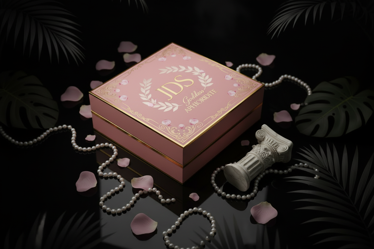 Pink jewelry box with gold accents on a dark surface with pearls and rose petals.