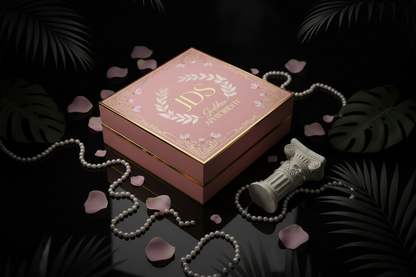 Pink jewelry box with gold accents on a dark surface with pearls and rose petals.