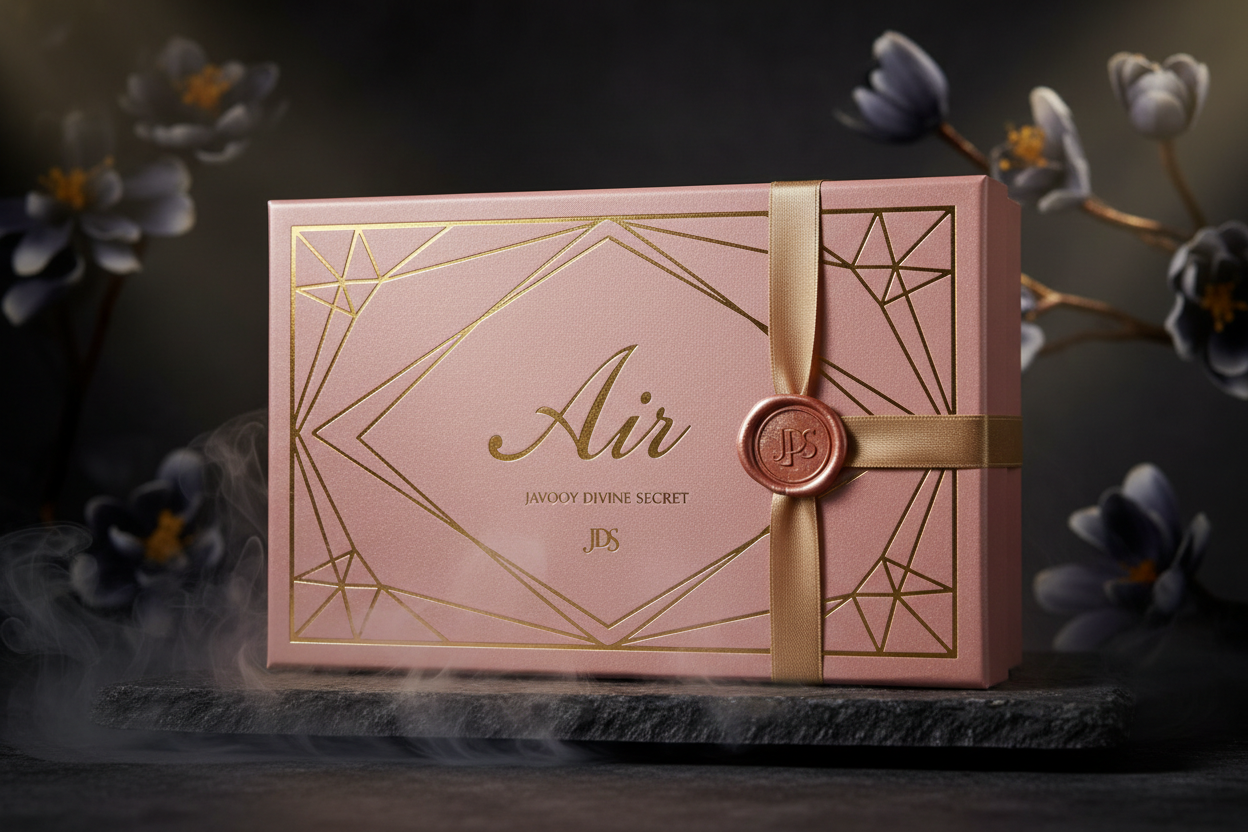 Create luxury/powder pink blush/gold / dark aesthetic JDS branding Mystery box name: Air 