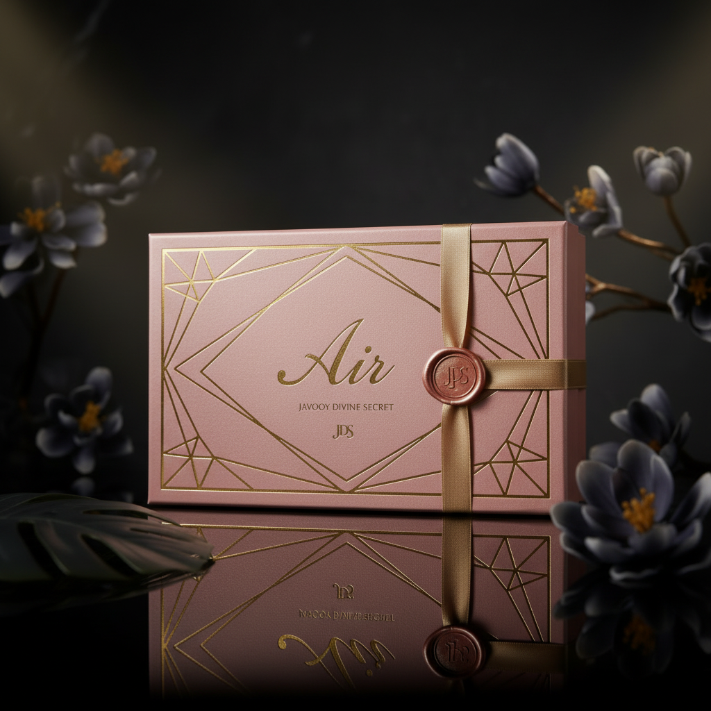 Pink packaging box with gold accents and 'Air' branding on a dark background with flowers.