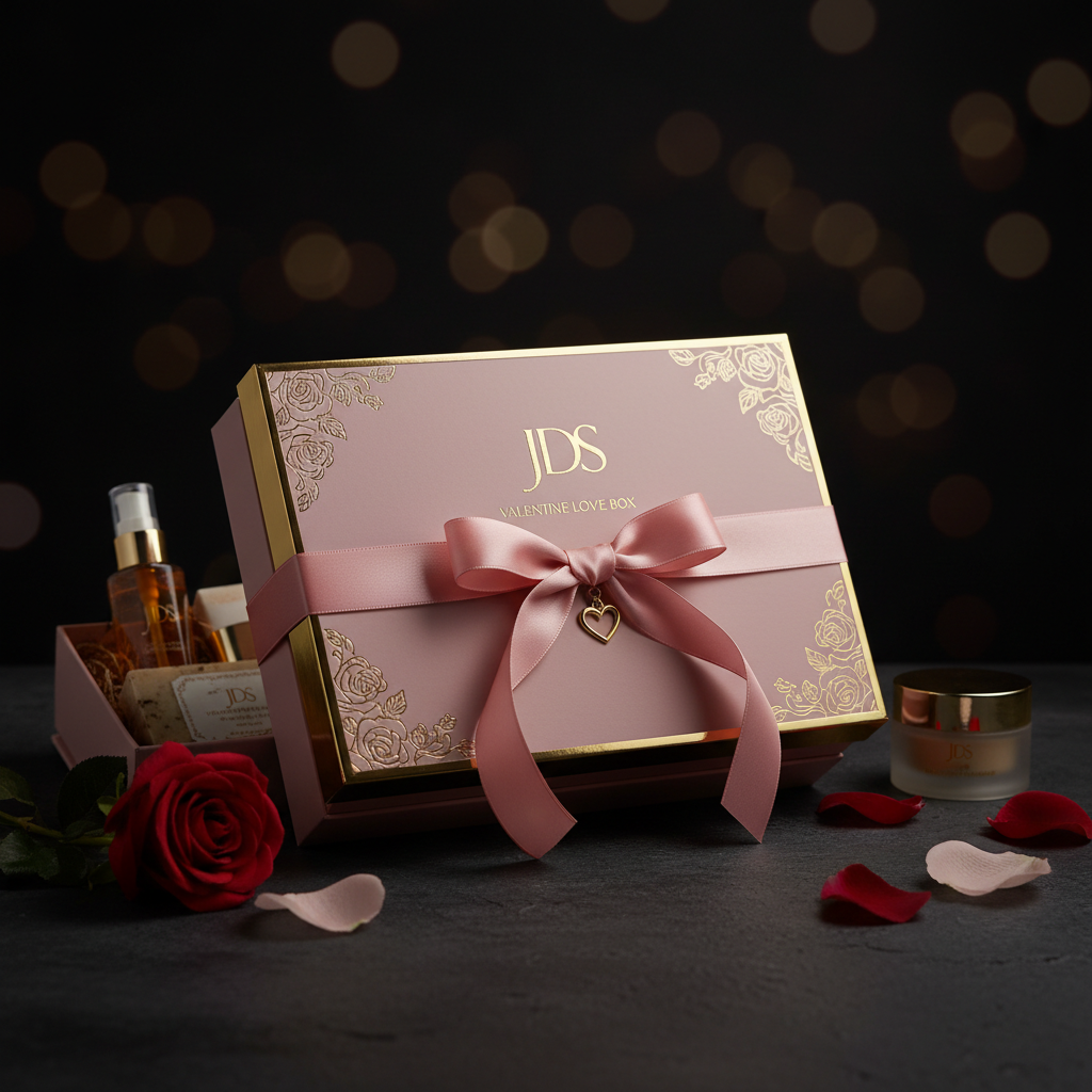 Create luxury/powder pink blush / gold / dark aesthetic JDS branding Mystery box: Valentine | 💕 Love Box