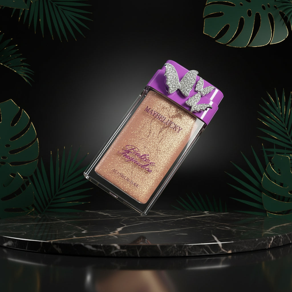 Makeup product with purple cap on a dark surface surrounded by green leaves