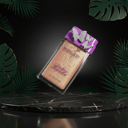 Makeup product with purple cap on a dark surface surrounded by green leaves