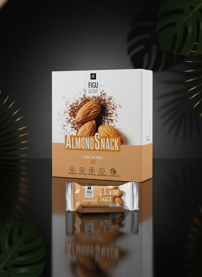 Almond snack package with a bar on a white background