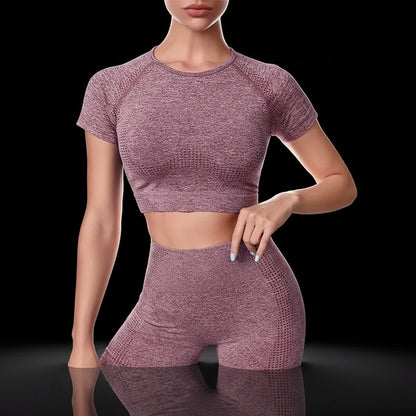 Women Seamless Yoga Outfits 2 Piece Set Workout Gym Shorts + Short Sleeve Crop Top