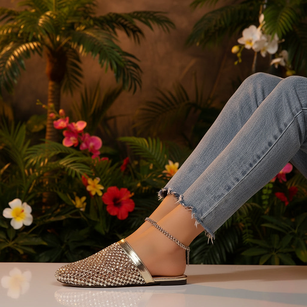A pair of gold-colored flat slippers adorned with sparkling rhinestones, displayed alongside a pair of blue denim jeans, with the slippers resting on a reflective surface.