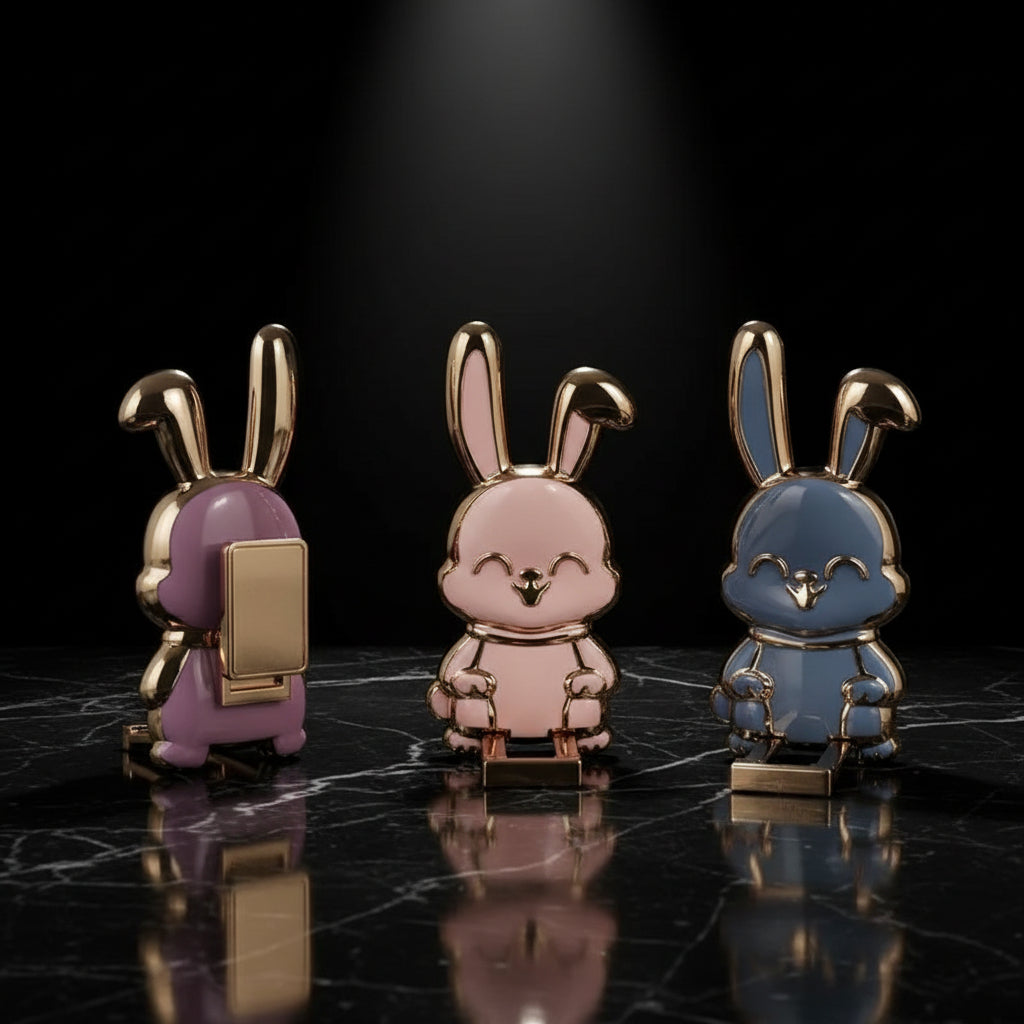 Ultra-Thin Cartoon Rabbit Phone Stand - Universal Finger Ring Holder with Foldable Design and Adhesive Support Frame