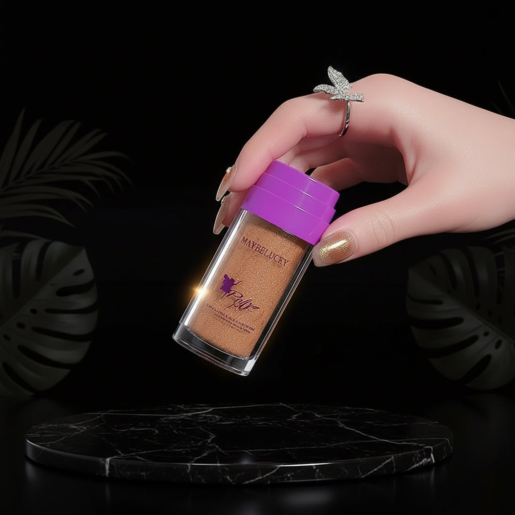 A highlighter stick by MAYBELUCKY with packaging showing dimensions, with the stick visible alongside the box.