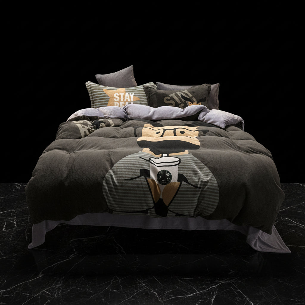 A four-piece bed sheet set with a cartoon theme, featuring a blue color with white polka dots and text, displayed on a bed with pillows and a quilt.