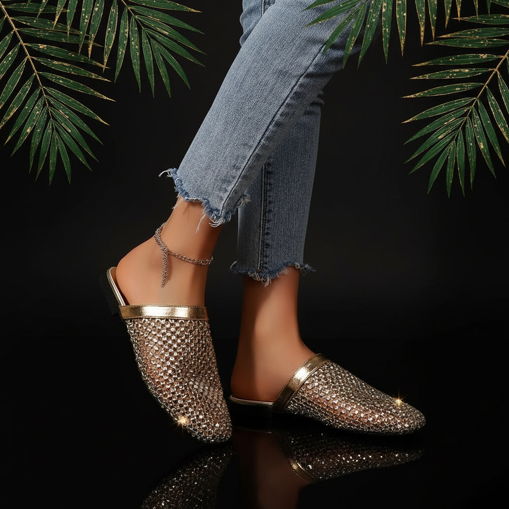 Sparkling Rhinestone Mesh Flat Slippers