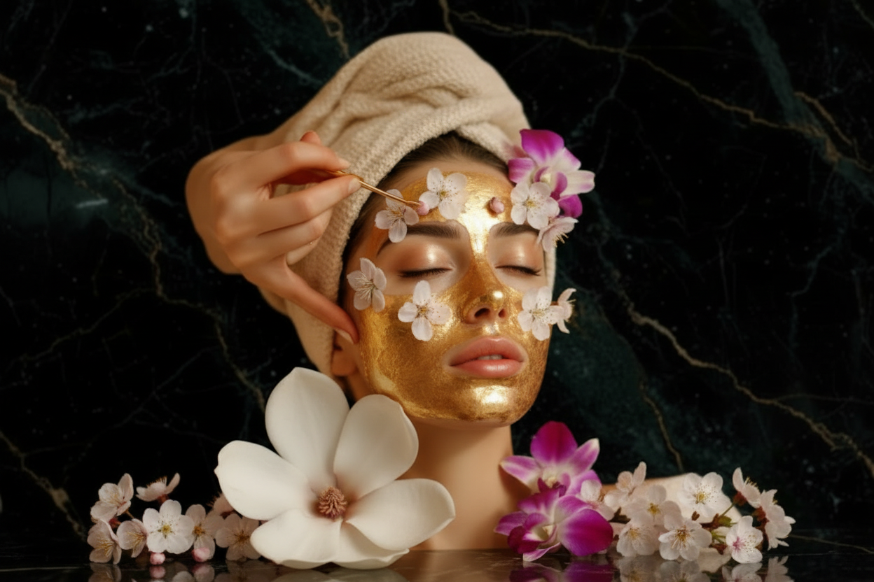 Person applying gold facial mask with a brush to their face.