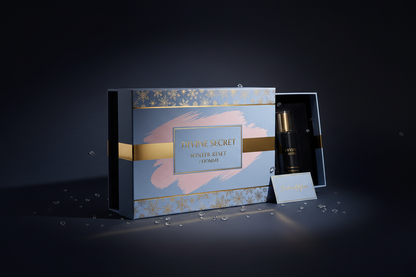 Luxury / powder Blue blush / gold / dark aesthetic branding. Mystery box name:Divine Secret Winter Reset / Homme