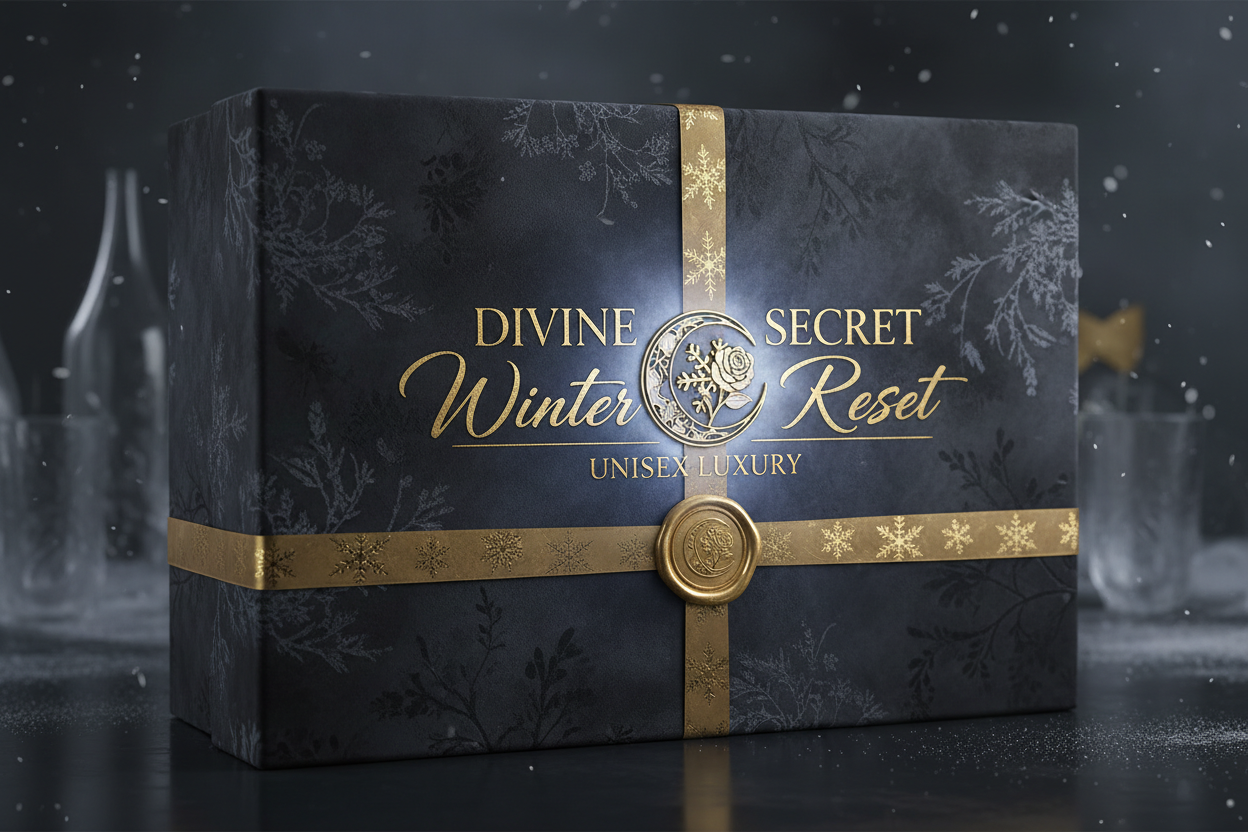 Luxury / powder Blue blush / gold / dark aesthetic branding. Mystery box name:Divine Secret Winter Reset / unisex