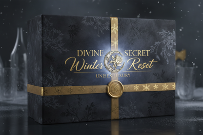 Luxury / powder Blue blush / gold / dark aesthetic branding. Mystery box name:Divine Secret Winter Reset / unisex