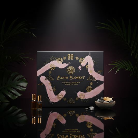 luxury / powder pink blush / gold / dark aesthetic branding. feng shui Mystery box name:  Earth Element. 