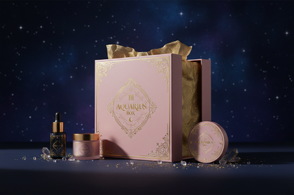 luxury / powder pink blush / gold / dark aesthetic branding. Mystery box name: Aquarius Box 