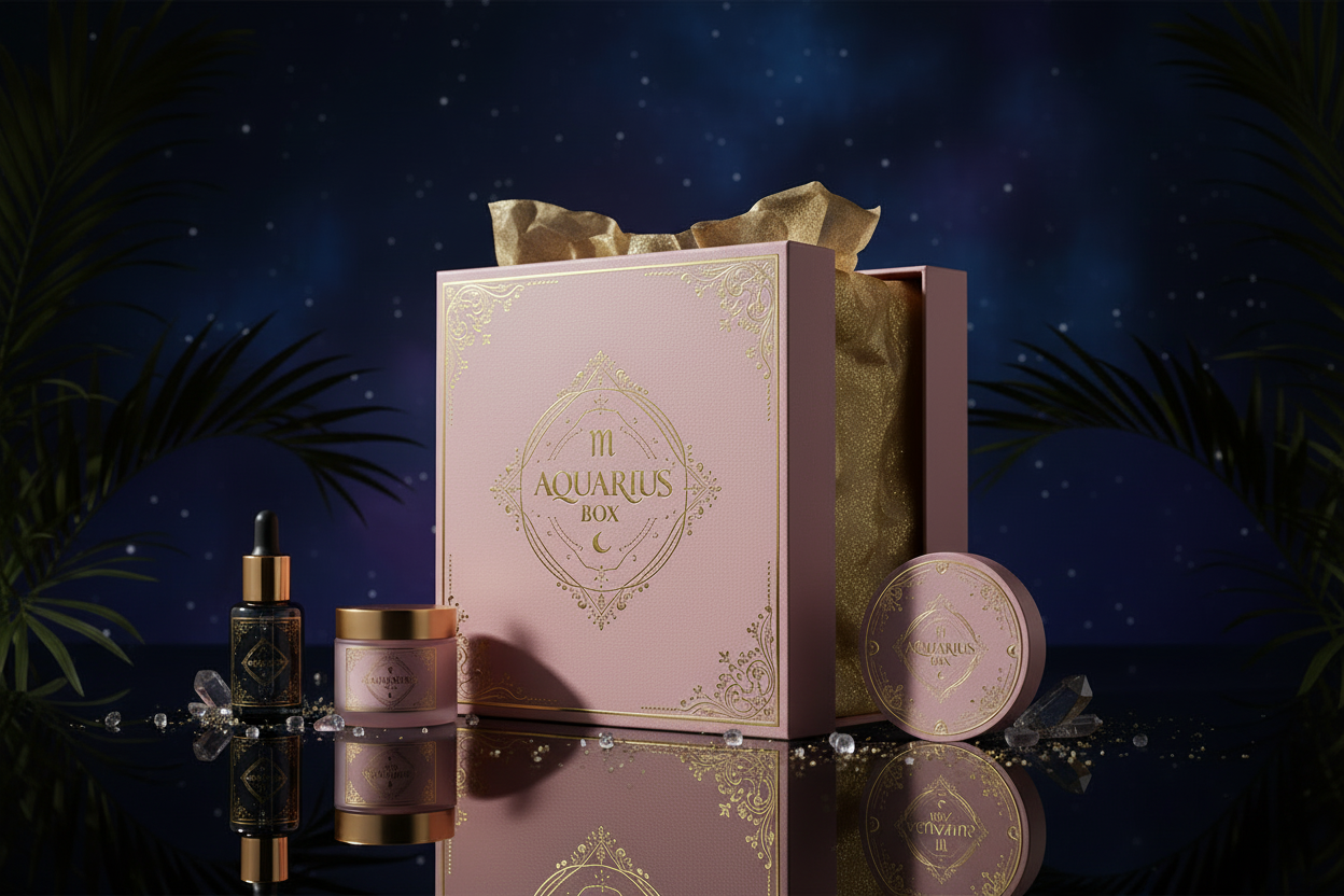 Pink gift box with 'Aquarius' theme on a dark blue background