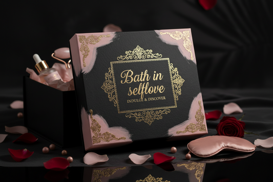 luxury / powder pink blush / gold / dark aesthetic branding. Mystery box name:Bath in selflove