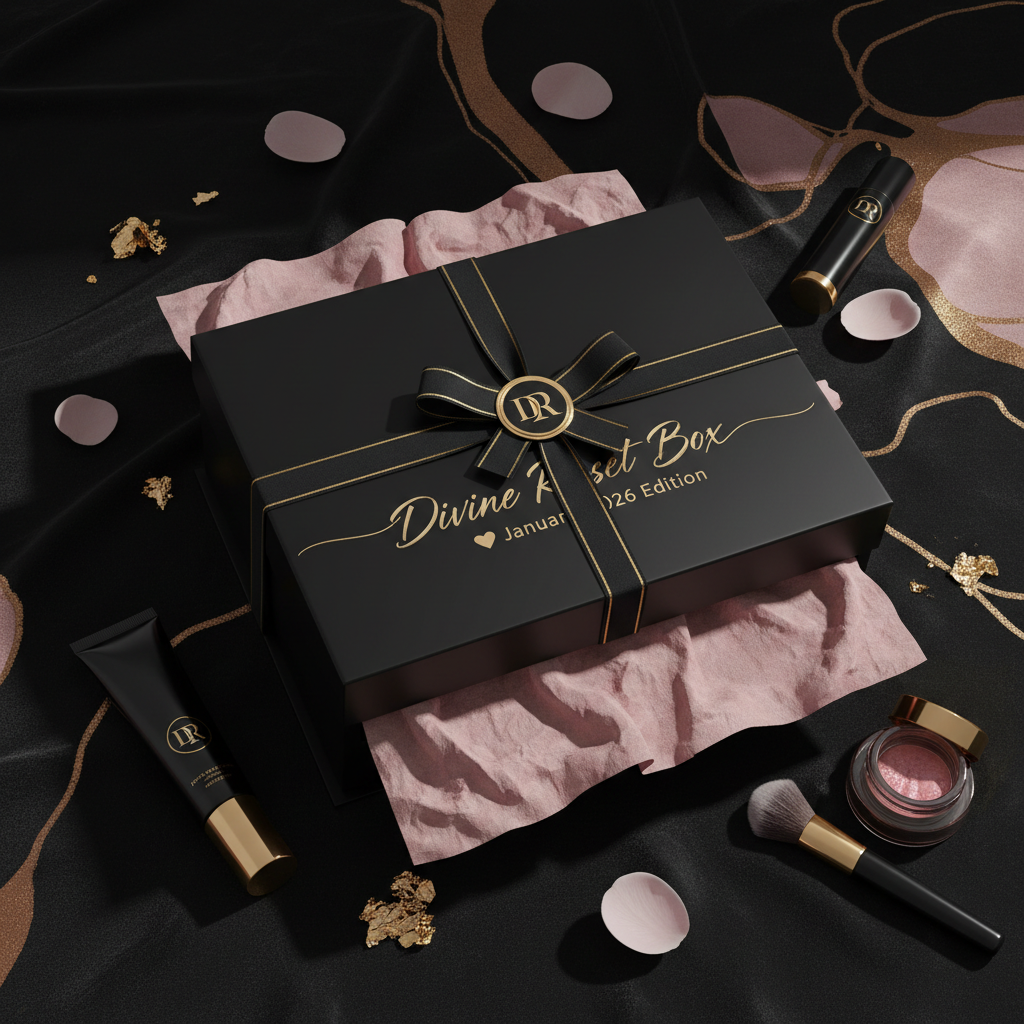 Luxury / powder pink blush / gold / dark aesthetic branding. Mystery box name:Divine Reset Box 🖤|January 2026 Edition | Mystery Box