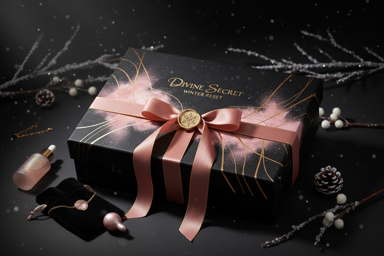 luxury / powder pink blush / gold / dark aesthetic branding. Mystery box name:Divine Secret Winter Reset