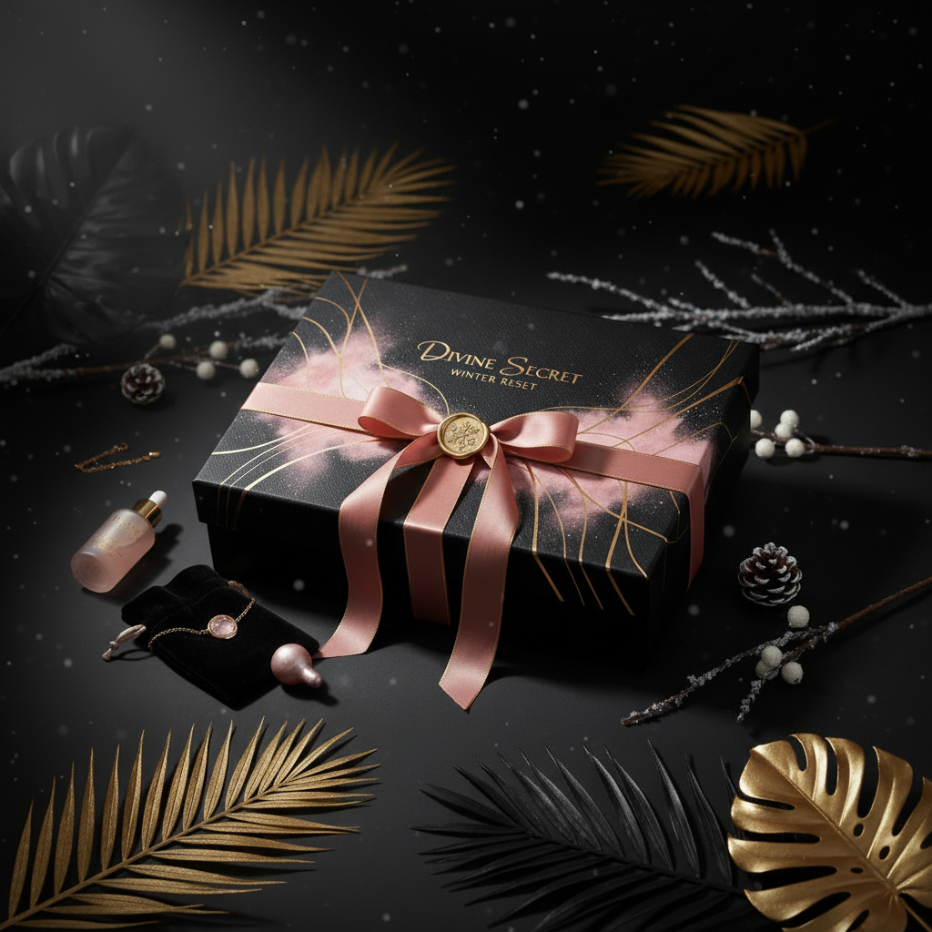 Gift box with pink ribbon and 'Divine Secret' branding on a dark background with decorative elements.
