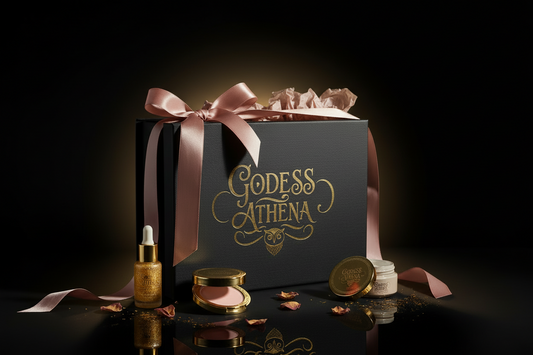luxury / powder pink blush / gold / dark aesthetic branding. Mystery box name: Goddess Athena