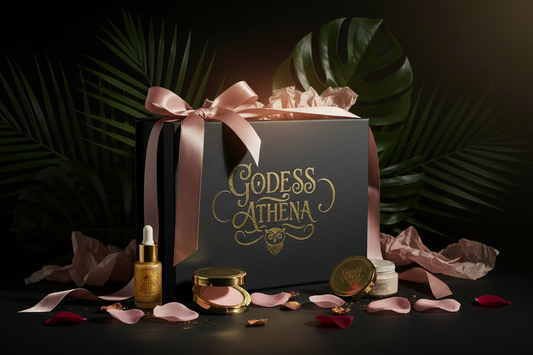 Goddess Athena skincare product set with black box, gold bottle, and jars on a dark background