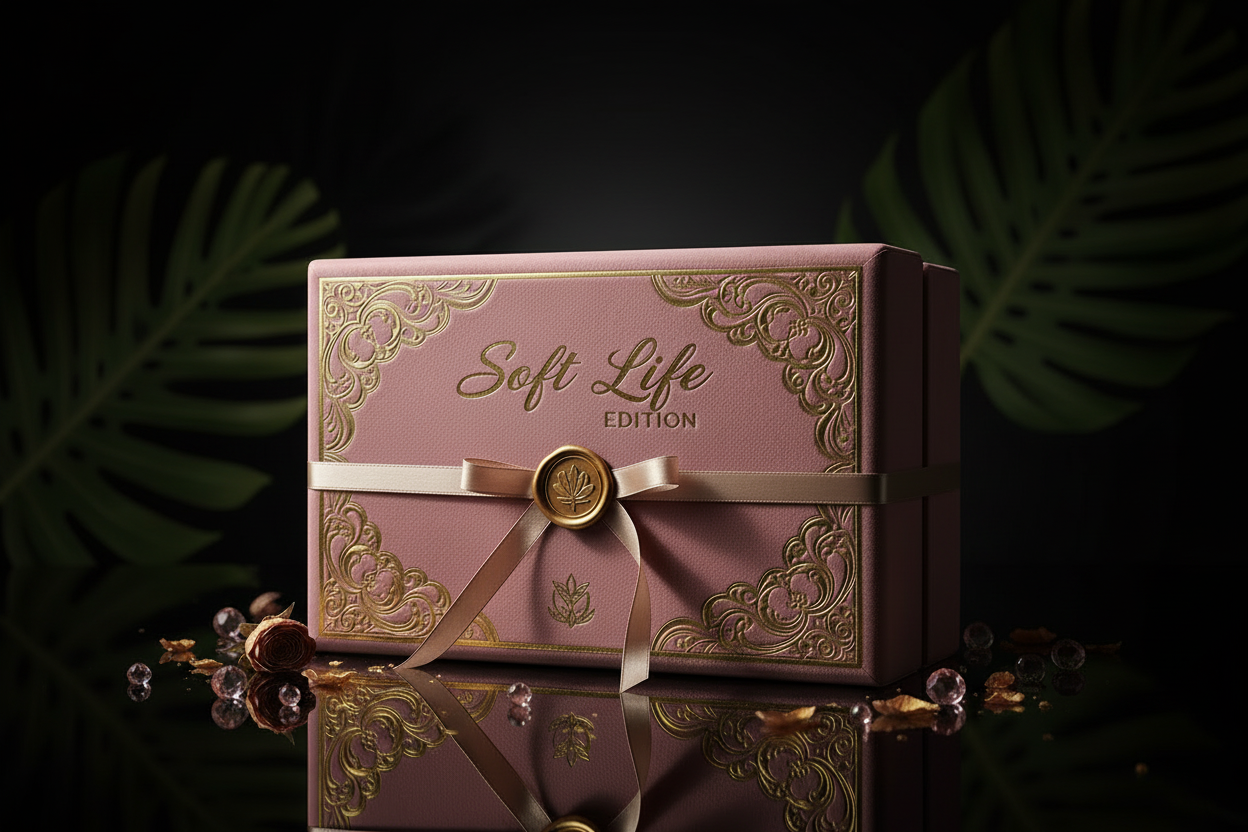 Decorative box with 'Soft Life' branding on a dark background with pink dust effects.